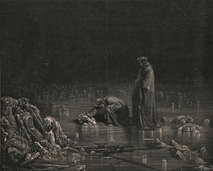 Då jag tog tag i hans bakre hårbotten, ropade jag: Nämn dig, eller inte ska ett hårstrå stanna här, c1890. av Gustave Dore