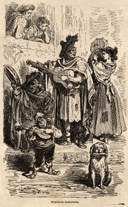 Resande musiker i Valencia, teckning av Gustave Dore (1832-1883), för att illustrera hans resa till Spanien med C.Davillier, 1862. Gravyr i "" Le tour du monde", redigerad av Edouard Charton av Gustave Dore