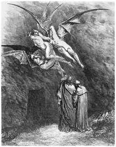 Virgil (70-19 f.Kr.) Dante and the Erinyes, illustration från 