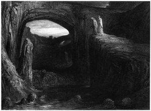 Virgil (70-19 f.Kr.) och Dante på väg in i helvetet, illustration från 