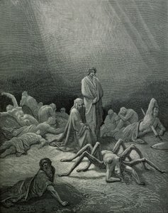 Vergilius (70-19 f.Kr.) och Dante tittar på spindelkvinnan, illustration ur "Den gudomliga komedin" (Inferno) av Dante Alighieri (1265-1321) Paris, publicerad 1885. av Gustave Dore