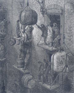 Lagerbyggnader i staden London. Från Gustave Dore och Blanchard Jerrold London: En pilgrimsfärd till London 1872. av Gustave Dore
