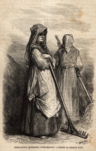 plockarna i Estremadure, med sina stora träkrattor för att plocka upp den del av skörden som glömdes bort på fälten efter skörden. Gravyr för att illustrera resan till Spanien av Gustave Dore (1832-1883) illustratör och baron Ch. Davillier reagerar av Gustave Dore