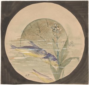 Design för en tallrik med tre blågula fiskar som simmar uppåt nära en vattenväxt av Gustave Fraipont (signed by artist)