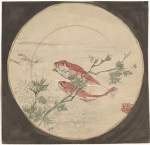 Design för en skylt med röda fiskar som simmar upp av Gustave Fraipont (signed by artist)