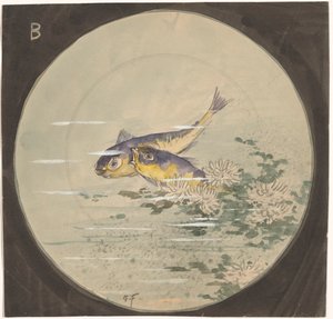 Design för en tallrik med två blågula fiskar nära näckrosor av Gustave Fraipont (signed by artist)