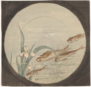 Design för en tallrik med fyra bruna fiskar som simmar uppåt nära en vit iris av Gustave Fraipont (signed by artist)