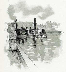 Båtar förtöjer i hamnen i La Villette, Paris (Båtar i hamnen i La Villette, Paris) Teckning av Gustave Fraipont (1849-1923) hämtar från "La seine a travers Paris" av Saint-Juirs av Gustave Fraipont