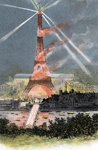 Eiffeltornet upplyst under världsutställningen i Paris 1889 Teckning av Gustave Fraipont (1849-1923) hämtar från "La seine a travers Paris" av Saint-Juirs