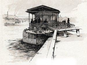 Embarcadere des Bateaux-mouches (Bateaux-mouches) sur la Seine, Paris (Utsikt över turistbåtsbryggan på seinefloden, Paris) Teckning av Gustave Fraipont (1849-1923) hämtar från Saint-Juirs "" La seine a travers Paris ” av Gustave Fraipont