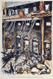 Fire of the Opera Comique (Opera-Comique) i Paris den 25 maj 1887 under framförandet av Ambroise Thomas första akt av "Mignon". De inre ruinerna. Illustration av Gustave Fraipont (1849 -1923) Gravyr från 1887 i "" Paris-Illustrous journal weekly"". av Gustave Fraipont