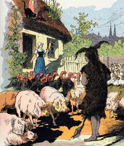 Hembiträdens åsneskinn Illustration av Gustave Fraipont för "" Cane skin"" (Ane skin) saga av Charles Perrault (1628-1703), fransk författare (Illustration för "Donkeyskin"" fransk litterär saga) Privat samling