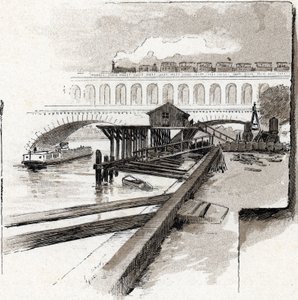Le viaduct du point du Jour, Boulogne-Billancourt (Utsikt över viadukten över Point du jour-distriktet, Boulogne Billancourt) Teckning av Gustave Fraipont (1849-1923) från Saint-Juirs av Gustave Fraipont