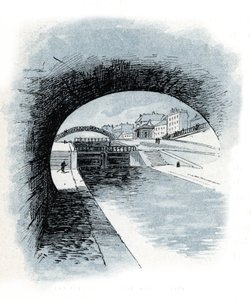 Les ecluses du canal saint Martin, Paris (Utsikt över slussarna till kanalen Saint-Martin, Paris) Teckning av Gustave Fraipont (1849-1923) hämtar från "La seine a travers Paris" av Saint-Juirs av Gustave Fraipont