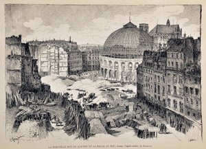 Den nya Rue du Louvre och Halle au Ble i Paris 1887. illustration av Gustave Fraipont (1849 - 1923). Gravyr från 1887 i "" Paris-Illustrous journal weekly"". av Gustave Fraipont