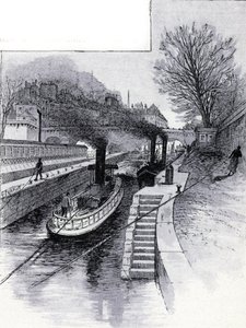 Bogserbåtar av slussen vid floden Seine framför Hotel des Monnaie, Paris Teckning av Gustave Fraipont (1849-1923) från Saint-Juirs av Gustave Fraipont