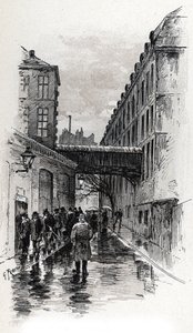 Utsikt över ett flopphus (doshus eller doshus) i rue de la Bucherie i distriktet Maubert, Paris Teckning av Gustave Fraipont (1849-1923) från Saint-Jurs av Gustave Fraipont