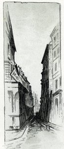 Utsikt över gatan Hotel Colbert nära Mauberttorget i Paris Teckning av Gustave Fraipont (1849-1923) från Saint-Juirs av Gustave Fraipont
