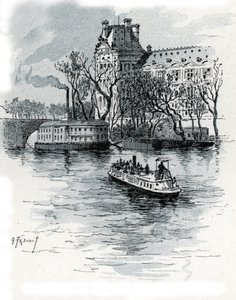 Utsikt över Pavillon de Flore, Palais du Louvre, från Quai Voltaire, Paris (Utsikt över Pavillon de Flore-delen av Louvren från quai Voltaire, Paris) Teckning av Gustave Fraipont (1849-1923) från Saint-Juirs av Gustave Fraipont