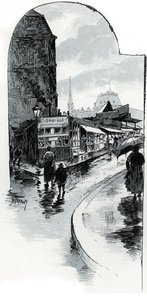 Utsikt över brocanteurs i hörnet av rue de la bucherie i Paris (Second-hand butiker i rue de la Bucherie, Paris) Teckning av Gustave Fraipont (1849-1923) hämtar från "La seine a travers Paris" av Saint- Juirs av Gustave Fraipont