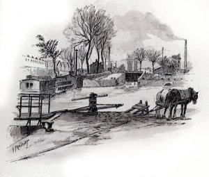 Utsikt över kanalen Saint-Denis och quai de la Gironde a la Villette, Paris (Utsikt över canal saint Denis och quai de la Gironde i Villette-distriktet, paris) Teckning av Gustave Fraipont (1849-1923) från Saint-Juirs