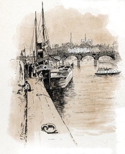Vy över företaget Seine et Thames vars båtar förbinder Paris och London Ritning av Gustave Fraipont (1849-1923) hämtar från "La seine a travers Paris" av Saint-Juirs av Gustave Fraipont