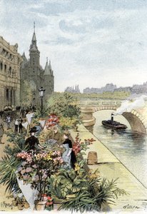 Utsikt över blomstermarknaden, Ile de la Cite, Paris Teckning av Gustave Fraipont (1849-1923) från Saint-Juirs