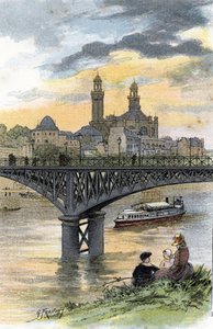 Utsikt över gångbron i Passy (nu Bir Hakeims bro) i Paris Teckning av Gustave Fraipont (1849-1923) från Saint-Juirs