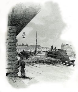 Utsikt över hangarerna i hamnen i La Villette i Paris (Sjöbodar och skjul i hamnen i La Villette, Paris) Teckning av Gustave Fraipont (1849-1923) hämtar från "La seine a travers Paris" av Saint-Juirs av Gustave Fraipont