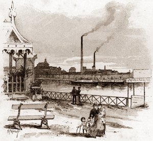 Vy över quai de Javel i Paris, actuel quai André-Citroen (Vy över quai Andre Citroen tidigare quai de Javel, Paris) Teckning av Gustave Fraipont (1849-1923) hämtar från "La seine a travers Paris" av Saint- Juirs