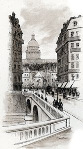Utsikt över rue de Bellay och Pantheons kupol, Paris (Utsikt över rue du Bellay och Pantheons kupol, 5:e distriktet, Paris) Teckning av Gustave Fraipont (1849-1923) från Saint-Juirs av Gustave Fraipont