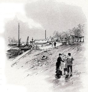 Utsikt över notflodens stränder och kajen Saint-Bernard, Paris Teckning av Gustave Fraipont (1849-1923) hämtar från "La seine a travers Paris" av Saint-Juirs