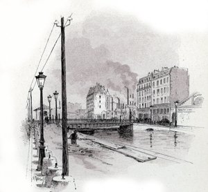 Utsikt över den svängande bron över quai de Valmy på kanalen Saint Martin, Paris Teckning av Gustave Fraipont (1849-1923) från Saint-Juirs av Gustave Fraipont