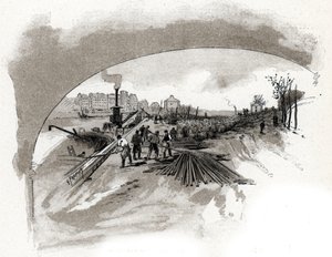 dechargement du fer sur le quai saint Bernard a Paris (Järnbockar som släpps ut av hamnarbetarna på seineflodens stränder på kajen Saint-Bernard i paris) Teckning av Gustave Fraipont (1849-1923) hämtar från "La seine a travers Paris" av Saint-Juirs av Gustave Fraipont