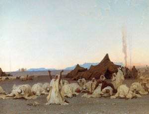 Kvällsbön i Saharaöknen Detalj av tuareglägret. Målning av Gustave Achille Guillaumet (1840-1887) 1863 Sön. 1,3x2,8 m. Paris, Musée d