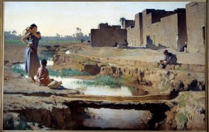 Orientalism: "" La Seguia nära Biskra""" Kvinna och barn tar vatten vid floden i en oas i den algeriska öknen. Målning av Gustave Achille Guillaumet (1840-1887) 1884 Sön. 1x1,5 m Paris, musee d