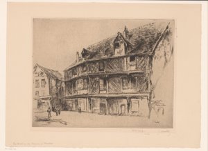 Gata med hus och vandrare i Chartres La maison du saumon (Chartres) (titel på objekt) av Gustave Leheutre (signed by artist)