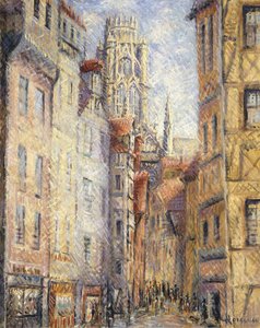 Rouen, en gata vid kyrkan; Rouen, rue avec L "Eglise, ca 1920 av Gustave Loiseau