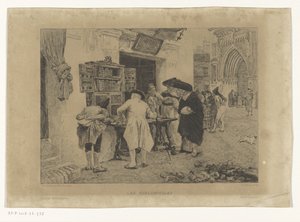 Männen samlades runt en bokhandlares utställning Les Bibliophiles (titel på objekt) av Gustave Marie Greux