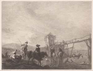 Vilar och simmar figurer på en bank Die pferdetränke (titel på objekt) av Gustave Marie Greux