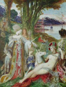 Enhörningarna (olja på duk) av Gustave Moreau