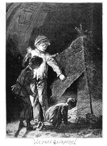 Gavroche and His Two Brothers in the Bastille Elephant, illustration från Les Miserables (1845-62) av Victor Hugo (1802-85), ca. 1885 av Gustave after Brion