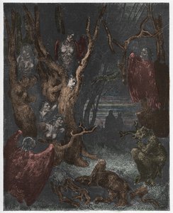 Inferno, Canto 13: Harpiorna i självmordsskogen, illustration från The Divine Comedy av Dante Alighieri, 1885 (digitalt färgad gravyr)