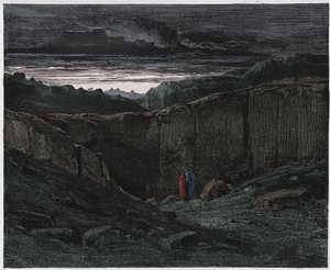 Inferno, Canto 3: Vergilius och Dante vid helvetets portar, illustration från The Divine Comedy av Dante Alighieri, 1885 (digitalt färgad gravyr) av Gustave after Dore