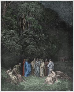 Inferno, Canto 4: Homer, poeterna och hjältarna i Limbo, illustration från The Divine Comedy av Dante Alighieri, 1885 (digitalt färgad gravyr)
