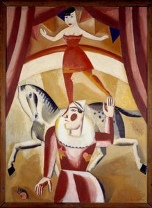 Circus III En akrobat Ecuyere i balans på en häst och en clown på en cirkusbana som visar show. Målning av Gustave de Smet (1877-1943) 1926 sön. 1,3x1,1 m Grenoble, Musee des Beaux Arts Observera! Användning av detta verk kan vara föremål för en tredje par