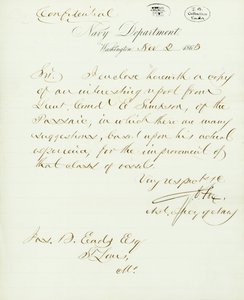 Letter signed G.V. Fox, Navy Department, Washington, to Jas. B. Eads [James B. Eads], St. Louis, Mo., November 2, 1863 av Gustavus Vasa Fox