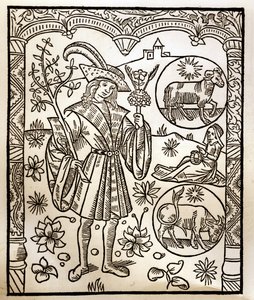 Herdekalender - Månadernas arbete - April - Träsnitt från boken från 1496 tryckt av Guy Marchant (Guido Mercator) i Troyes - Trästick i "Le grand Calendrier et compost des shepherds" -