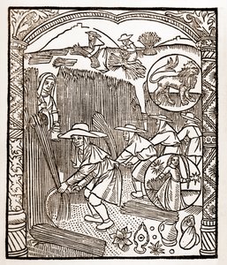 Herdekalender - Månadernas arbete - Augusti - Träsnitt från 1496 års bok tryckt av Guy Marchant (Guido Mercator) i Troyes - Trästick i "Le grand Calendrier et compost des shepherds" -