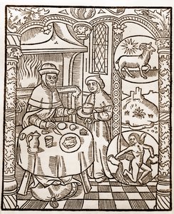 Herdekalender - Månadernas arbete - Januari - Träsnitt från boken från 1496 tryckt av Guy Marchant (Guido Mercator) i Troyes - Trästick i "Le grand Calendrier et compost des shepherds" -